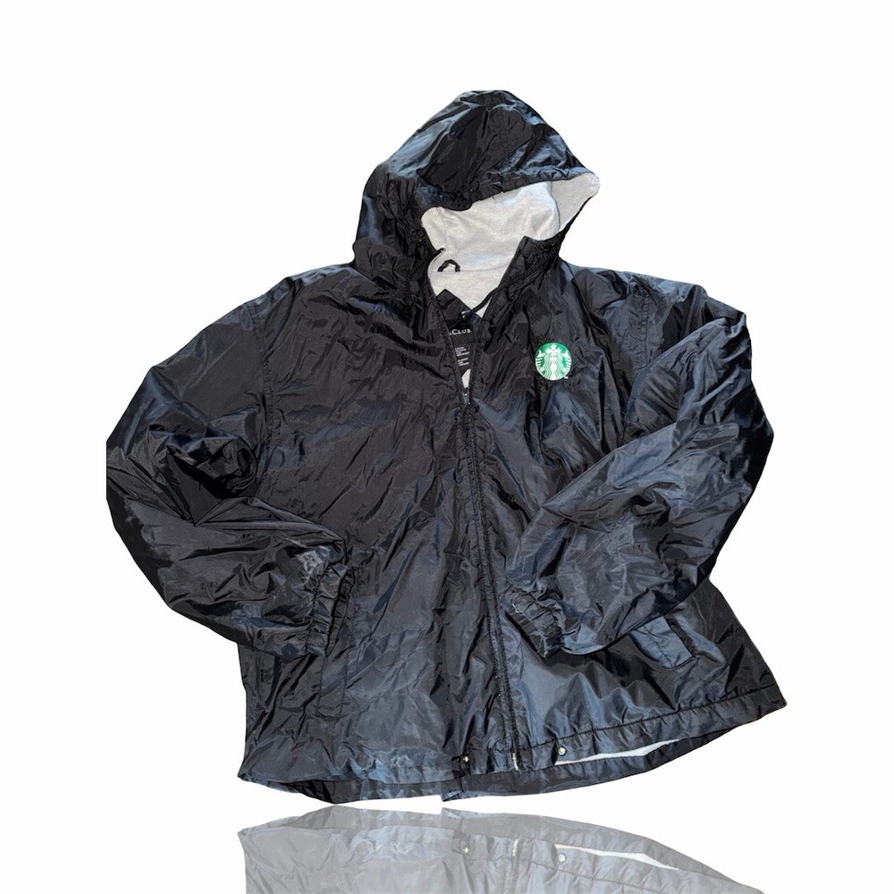 Starbucks Jacket Men's Size M Black Hooded Windbreaker Full Zip Logo
